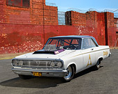 AUT 22 RK3456 01
1965 Dodge Coronet White And Purple 3/4 Front View On Pavement By Brick Wall