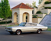 AUT 22 RK0191 04
1966 Dodge Charger 426 Hemi Silver 3/4 Front View On Pavement By Fountain