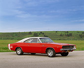 AUT 22 RK0284 02
1968 Dodge Charger 440 Red Side 3/4 View On Pavement Hills Background