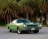 AUT 22 RK0440 02
1969 Dodge Super Bee Green Low 3/4 Front View On Pavement By Palm Trees