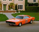 AUT 22 RK0984 05
1968 Dodge Charger 440 Orange Overhead 3/4 Front View On Pavement By House