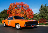 AUT 22 RK0987 04
1968 Dodge Charger 440 Orange Low 3/4 Front View On Pavement By Autumn Tree Blue Sky