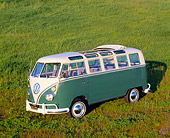 AUT 22 RK1035 03
1966 VW Deluxe Bus Green And White 3/4 Side View On Grass Hill