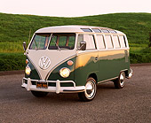 AUT 22 RK1038 01
1966 VW Deluxe Bus Green And White 3/4 Front View On Pavement By Grass Hill