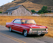AUT 22 RK1183 05
1966 Chevy Nova SS Red 3/4 Front View On Road By Dry Grass And Barn
