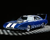 AUT 22 RK1193 01
1969 Dodge Daytona Charger Pro Street Blue And White Stripe Front 3/4 View On Checkered Floor Studio