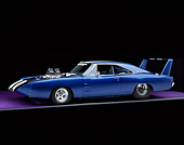 AUT 22 RK1195 01
1969 Dodge Daytona Charger Pro Street Blue White Stripe 3/4 Side View On Purple Floor Gray Line Studio
