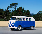 AUT 22 RK1231 01
1967 Volkswagen Bus Blue And White 3/4 Side View On Pavement Trees Blue Sky