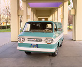 AUT 22 RK1324 01
1964 Chevrolet Corvair 95 Panel Van Green White Stripe Front 3/4 View On Pavement