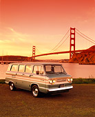 AUT 22 RK1362 01
1965 Chevrolet Corvair Greenbrier Van Teal White Stripe 3/4 Front By SF Bridge Filtered