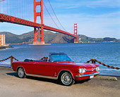 AUT 22 RK1367 02
1964 Chevrolet Corvair Monza Spyde Red 3/4 Side View On Dirt SF Bridge