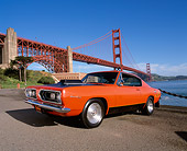 AUT 22 RK1448 01
1967 Plymouth Barracuda Hemi Orange And Black 3/4 Front View On Pavement By Golden Gate Bridge