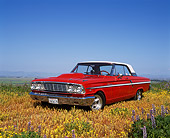 AUT 22 RK1472 05
1964 Ford Fairlane 500 Red White Top 3/4 Front View In Flower Field