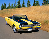 AUT 22 RK1516 03
1969 Plymouth Road Runner Convertible Yellow And Black Front 3/4 View On Pavement By Dry Grass