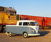 AUT 22 RK1616 03
1960 Volkswagen Crew Cab Blue And White 3/4 Front View On Dirt By Train