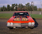 AUT 22 RK1663 02
1969 Chevrolet Chevelle SS Orange With Flames Head On Shot On Pavement
