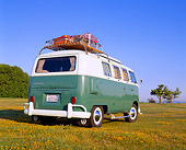 AUT 22 RK1750 03
1965 Volkswagen Westfalia Camper Green And White Low Rear View On Grass Blue Sky