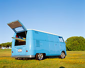 AUT 22 RK1772 04
1962 Volkswagen Custom Microbus Light Blue 3/4 Rear View Rear Door Open With Surfboard Blue Sky
