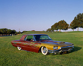 AUT 22 RK1830 05
1964 Ford Thunderbird With Flames Lowrider 3/4 Front View On Grass Blue Sky