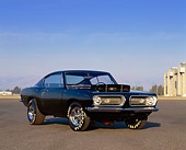 AUT 22 RK1841 02
1968 Plymouth Hurst Hemi Barracuda Black Low 3/4 Front View On Pavement