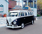 AUT 22 RK1917 01
1965 VW Van 21 Window Black And White 3/4 Front View On Pavement With Luggage