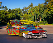 AUT 22 RK1955 01
1960 Cadillac Convertible Custom Flames 3/4 Front View On Pavement Doors Open By Trees