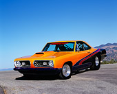 AUT 22 RK2036 01
1967 Plymouth Barracuda Orange And Black 3/4 Front View On Pavement Blue Sky