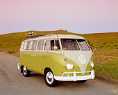 AUT 22 RK2098 02
1961 Volkswagen Westphalia Camper Green And Gray 3/4 Front View On Pavement By Hills