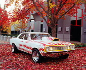 AUT 22 RK2137 02
1967 Chevy Chevelle White With Flames 3/4 Front View By Fall Trees And Building