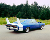AUT 22 RK2156 03
1969 Dodge Daytona Charger Blue 3/4 Rear View On Pavement By Trees