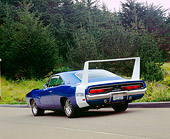 AUT 22 RK2157 02
1969 Dodge Daytona Charger Blue 3/4 Rear View On Pavement By Trees