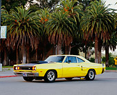 AUT 22 RK2159 03
1969 Dodge Super Bee Yellow And Black 3/4 Side View On Pavement By Palm Tree