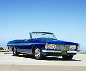 AUT 22 RK2162 05
1963 Plymouth Fury Convertible Blue Low 3/4 
Front View On Pavement Blue Sky