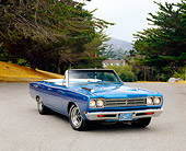 AUT 22 RK2222 03
1969 Plymouth Road Runner Convertible Blue 3/4 Front View On Pavement By Trees