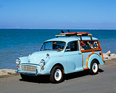 AUT 22 RK2234 02
1967 Morris Minor 1000 Woody Light Blue 3/4 Front View On Pavement By Water