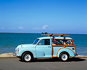 AUT 22 RK2235 01
1967 Morris Minor 1000 Traveller Light Blue 3/4 Front View On Pavement By Water