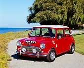 AUT 22 RK2236 03
1964 Morris, Mini Cooper, Red And White 3/4 Front View By Water And Tree