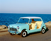 AUT 22 RK2271 02
1960 Austin, Mini Beach, Aqua White Top 3/4 Front View On Pavement By Ocean