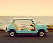 AUT 22 RK2272 03
1960 Austin, Mini Beach, Aqua White Top Profile Shot On Pavement By Ocean