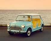 AUT 22 RK2274 04
1960 Austin Mini Beach Aqua White Top 3/4 Front View On Pavement By Ocean
