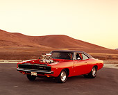 AUT 22 RK2298 04
1968 Dodge, Charger, Hemi Orange, 3/4 Front View On Pavement By Dry Hills