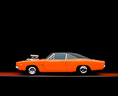 AUT 22 RK2323 01
1968 Dodge Charger Hemi Orange Profile Shot On Red Floor Studio