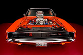 AUT 22 RK2325 01
1968 Dodge Charger Hemi Orange Head On Wide Angle Shot With Engine