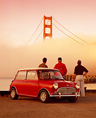 AUT 22 RK2367 01
1967 Austin Mini Cooper S Red And White 3/4 Front View By Golden Gate Bridge With People