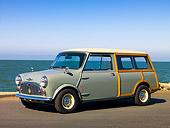 AUT 22 RK2368 01
1965 Morris Mini Minor Traveller Woody Gray 3/4 Side View On Pavement By Water