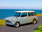 AUT 22 RK2375 01
1965 Morris Mini Minor Traveller Woody Gray 3/4 Side View On Pavement By Water