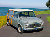 AUT 22 RK2376 01
1965 Morris Mini Minor Traveller Woody Gray 3/4 Front View On Pavement By Water
