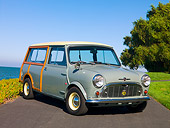 AUT 22 RK2377 01
1965 Morris Mini Minor Traveller Woody Gray 3/4 Front View On Pavement By Water