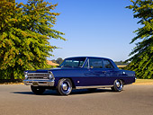 AUT 22 RK2405 01
1967 Chevrolet Nova Chevy II Blue Low 3/4 Side View On Pavement By Trees