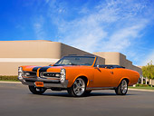AUT 22 RK2436 01
1966 Pontiac GTO Convertible Orange Black Stripes Low 3/4 Side View On Pavement